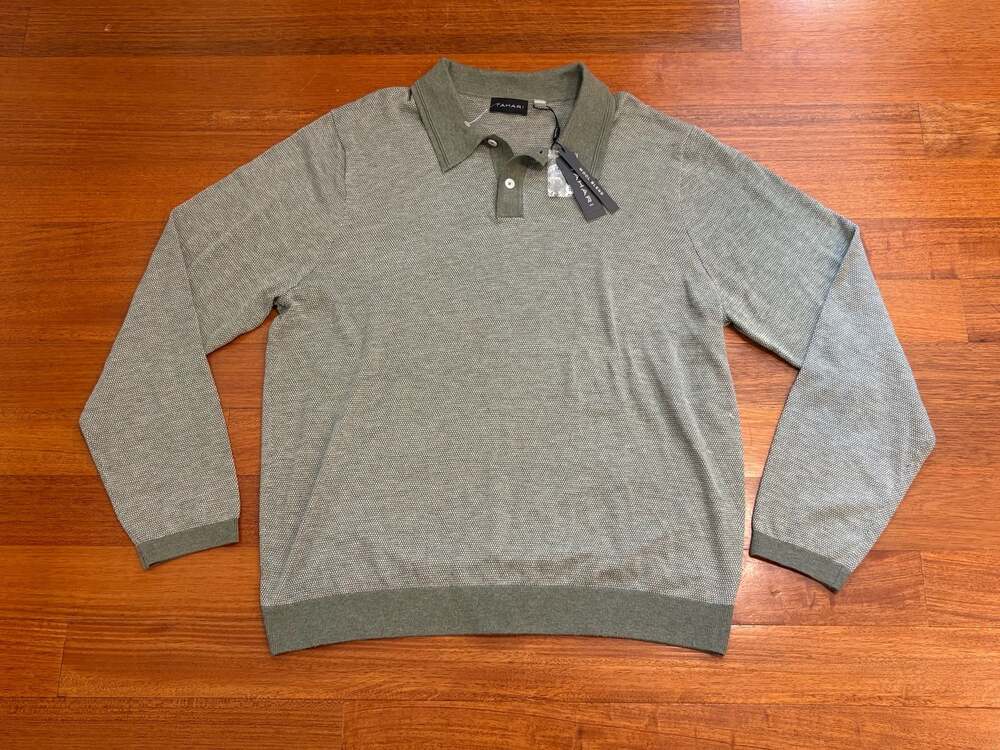 Tahari Men's Sage Heather Wool Blend Long Sleeve Polo Sweater